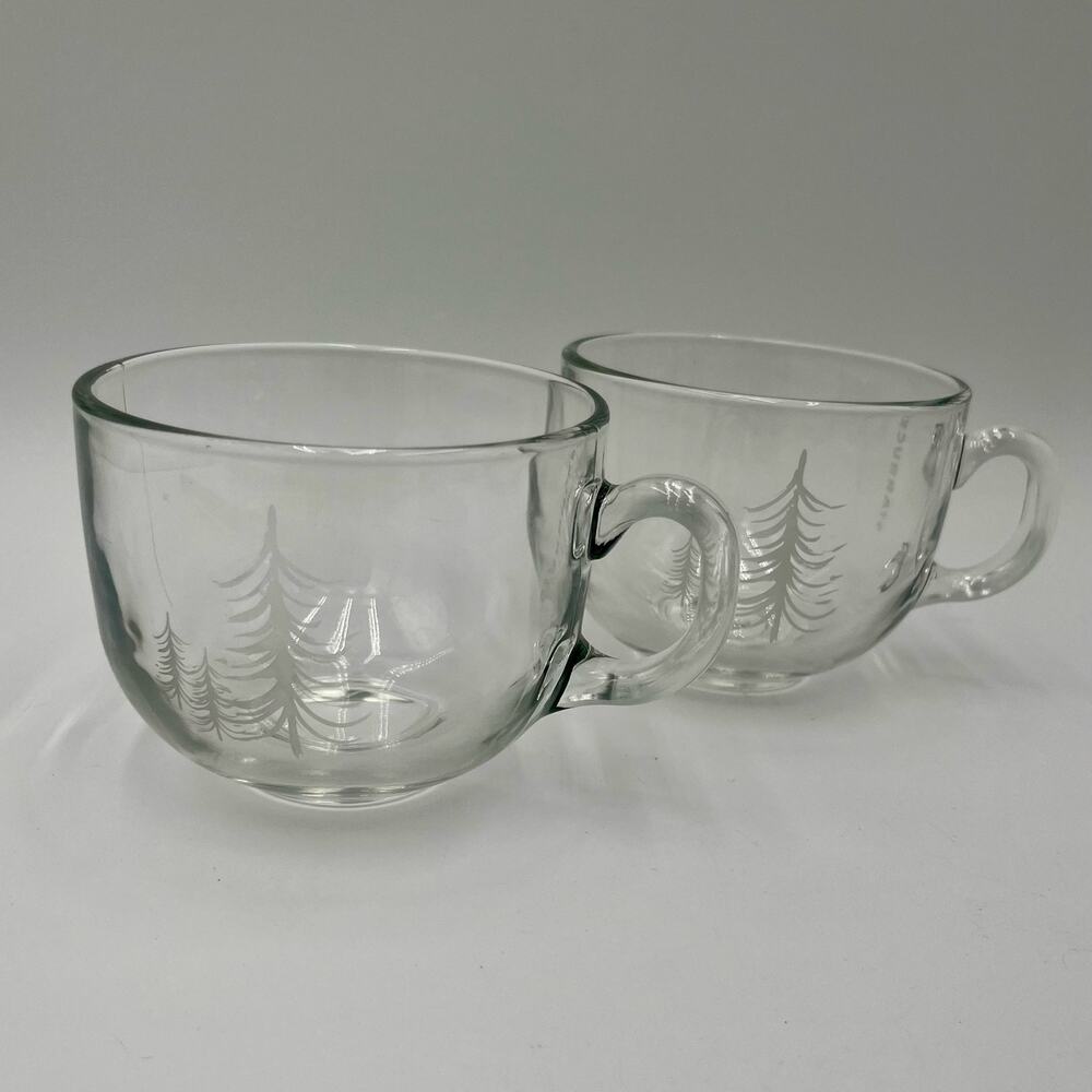 Set of 2 Starbucks 2014 Etched Clear Glass Mug/Coffee Cup Christmas/Pine Trees